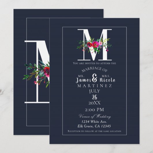 M Monogram Letzter Initial Moderner Blauer Blumenh Einladung (Vorne/Hinten)