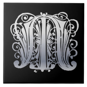 M Monogram Silver Lace on Black Keramik Tile Fliese