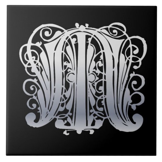 M Monogram Silver Lace on Black Keramik Tile Fliese (Vorderseite)