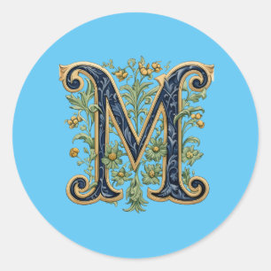 M monogramm-blaugoldene Blume Runder Aufkleber