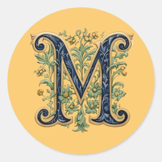 M monogramm-blaugoldene Blume Runder Aufkleber (Vorderseite)