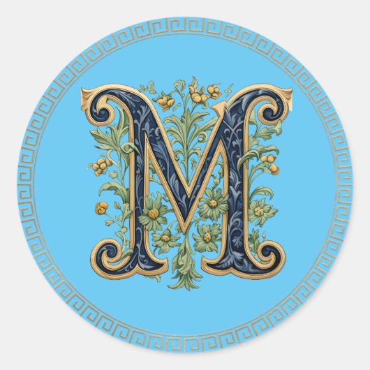 M monogramm-blaugoldene Blume Runder Aufkleber (Vorderseite)