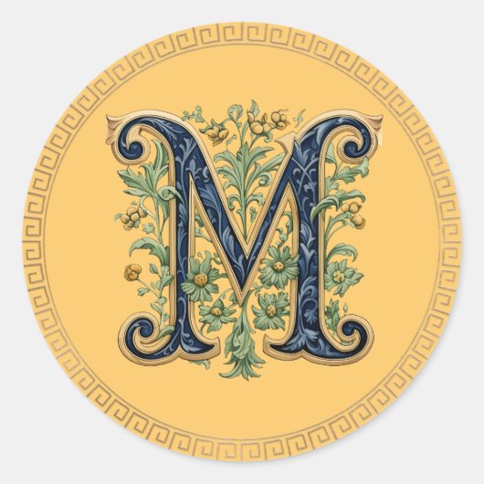 M monogramm-blaugoldene Blume Runder Aufkleber (Vorderseite)