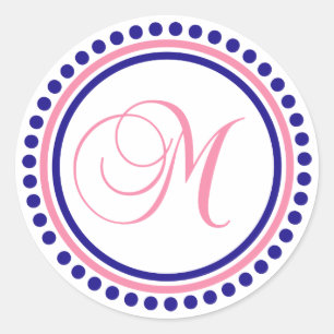 M Monogramm (Navy Blue/Pink Dot Circle) Runder Aufkleber