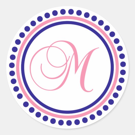 M Monogramm (Navy Blue/Pink Dot Circle) Runder Aufkleber (Vorderseite)