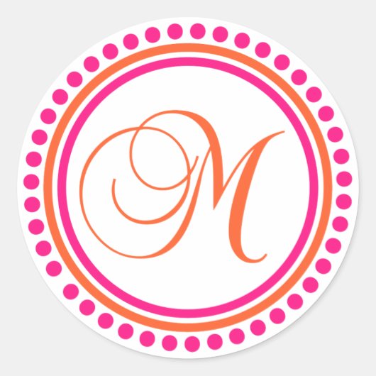 M Monogramm (rosa/orangefarbener Punktkreis) Runder Aufkleber (Vorderseite)