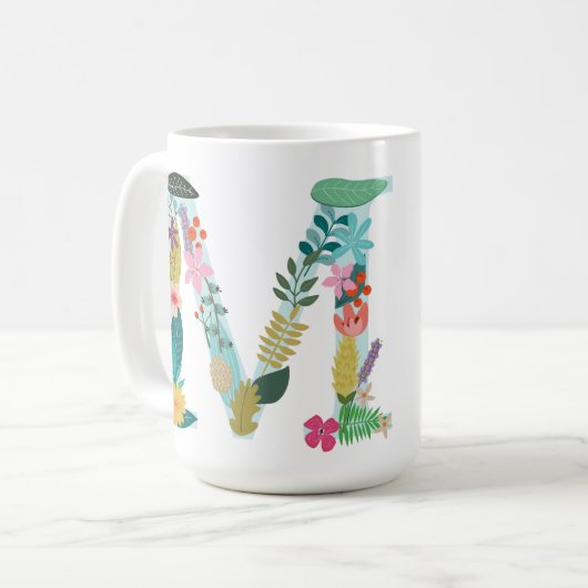 M-Monogramm-Tasse, Blumenm-Initiale, botanisch Kaffeetasse (Vorderseite Links)