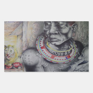 Maasai-Mutter & Kind mit Löwe Kunstprint/Grafik Rechteckiger Aufkleber