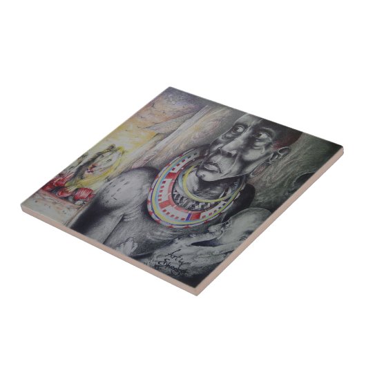 Maasai Mutter & Kind mit Löwenkunst Print/Grafik Fliese (Seite)