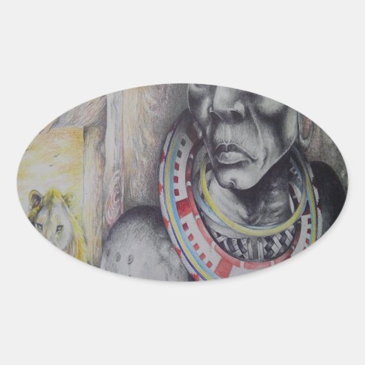 Maasai Mutter & Kind mit Löwenkunst Print/Grafik Ovaler Aufkleber (Vorderseite)