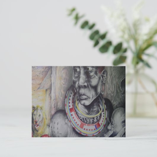 Maasai Mutter & Kind mit Löwenkunst Print/Grafik Postkarte (Stehend Vorderseite)