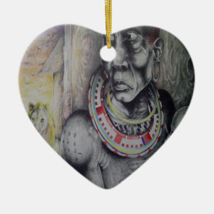 Maasai Mutter und Kind mit Löwe Art Print/Graphen Keramik Ornament