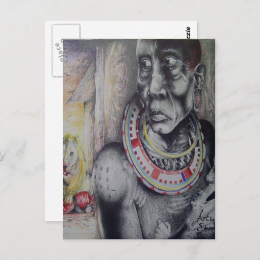 Maasai Mutter und Kind mit Löwe Art Print/Graphen Postkarte (Vorne/Hinten)