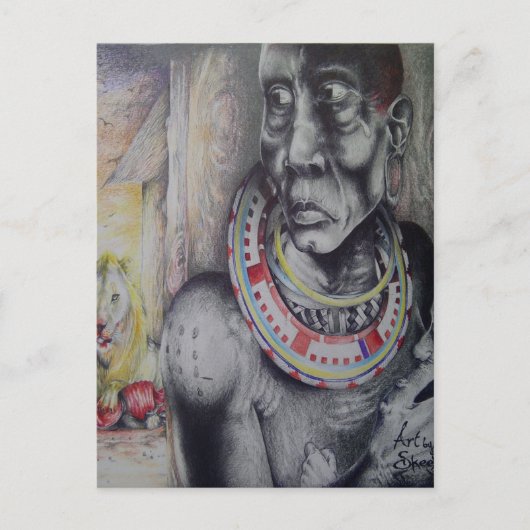 Maasai Mutter und Kind mit Löwe Art Print/Graphen Postkarte (Vorderseite)
