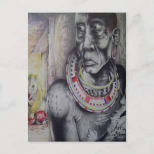 Maasai-Mutter und Kind mit Löwe Kunstprint/Grafik Postkarte