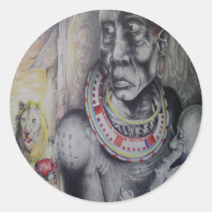 Maasai-Mutter und Kind mit Löwe-Kunstprint/Grafik Runder Aufkleber