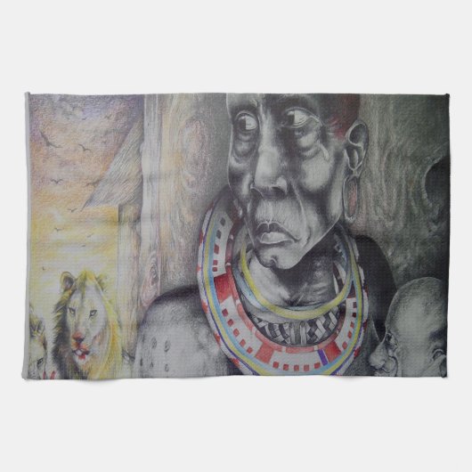 Maasai Mutter und Kind mit Löwenkunst Print Küchentuch (Horizontal)