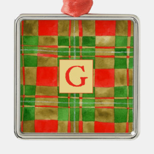 MAC GREGOR TARTAN Glas Square Ornament + Initial Aus Metall