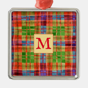 MAC RAE TARTAN Glas Square Ornament + Initial Aus Metall