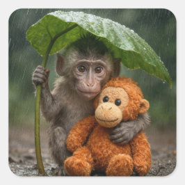 Macaque Monkey with Orange Orangutan Quadratischer Aufkleber