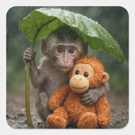 Macaque Monkey with Orange Orangutan Quadratischer Aufkleber (Vorderseite)