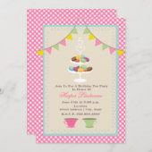 Macaron Birthday Tee Party Einladung Pink Gingham (Vorne/Hinten)