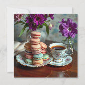 Macaron, Coffee and Vase of Purple Flowers Karte (Vorderseite)