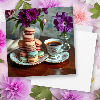 Macaron, Coffee and Vase of Purple Flowers Karte
