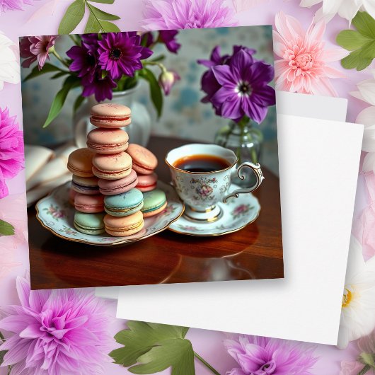 Macaron, Coffee and Vase of Purple Flowers Karte