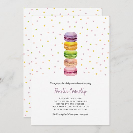 Macaron Confetti Baby Duschbrunch Einladung (Vorne/Hinten)