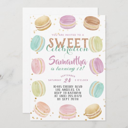 Macaron Sweet Celebration Birthday Einladung (Vorne/Hinten)