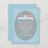 Macaron Tee-Party-Baby-Dusche, Blau und Grau Einladung (Vorne/Hinten)