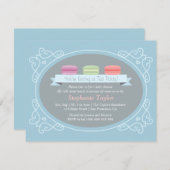 Macaron Tee-Party-Baby-Dusche, Blau und Grau Einladung (Vorne/Hinten)