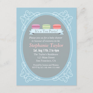 Macaron-Teeparty-Baby-Shower, Blau und Grau Einladung