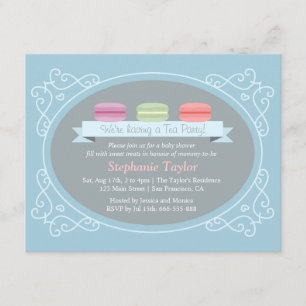 Macaron-Teeparty-Baby-Shower, Blau und Grau Einladung