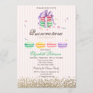 Macarons Faux Gold Diamanten Gestreifte Quinceañer Einladung