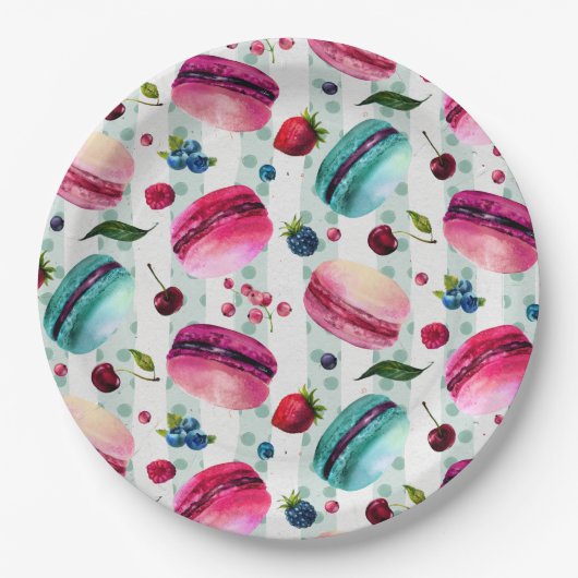 Macarons Französisch Konditorei mit Berries und Po Pappteller (Vorderseite)