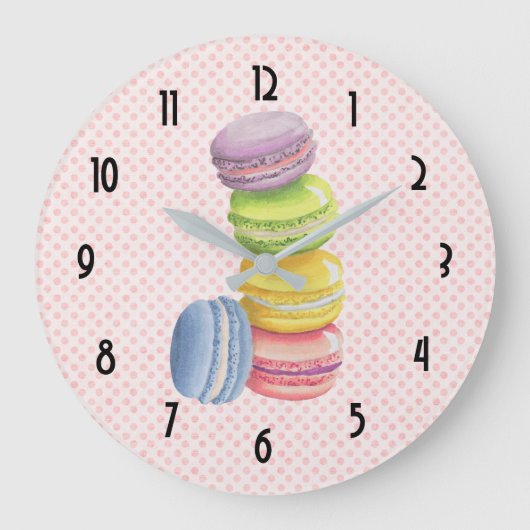 Macarons French Dessert Pastel Wasserfarben Große Wanduhr (Vorderseite)