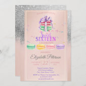 Macarons Silver Glitzer Bokeh Sweet 16 Party Einladung (Vorne/Hinten)