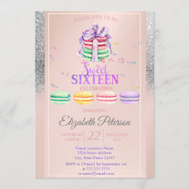 Macarons Silver Glitzer Bokeh Sweet 16 Party Einladung