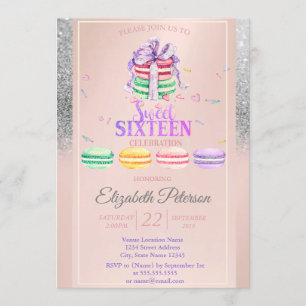 Macarons Silver Glitzer Bokeh Sweet 16 Party Einladung