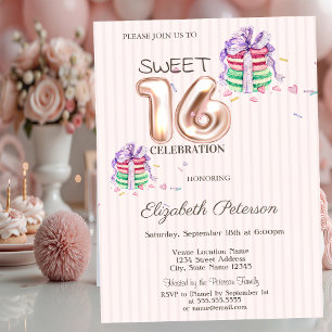 Macarons Streifen Roségold Sweet 16 Einladung