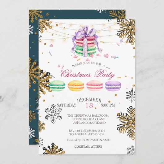 Macarons, String Light Snowflake Weihnachtsfirma Einladung (Vorne/Hinten)