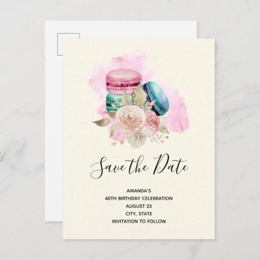 Macarons und Blume Wasserfarben Save the Date Einladungspostkarte (Vorne/Hinten)