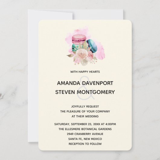 Macarons und Blume Wasserfarbenhochzeit Einladung (Vorderseite)