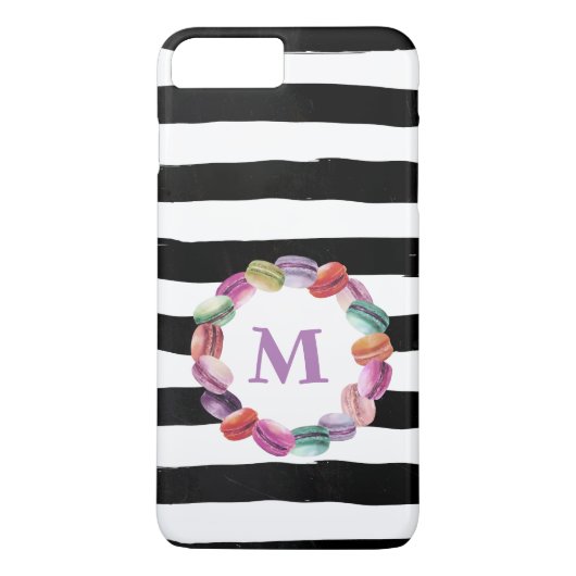Macarons Wreath Monogram Schwarz-weiße Streifen Case-Mate iPhone Hülle (Rückseite)