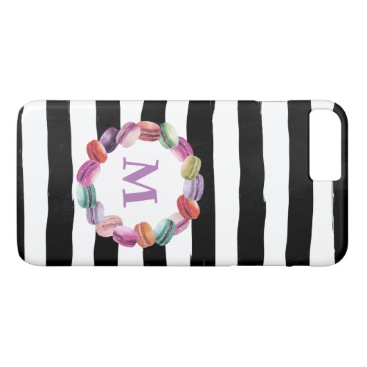 Macarons Wreath Monogram Schwarz-weiße Streifen Case-Mate iPhone Hülle (Rückseite (Horizontal))