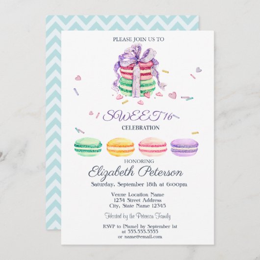 Macarons Zigzag Sweet 16 Einladung (Vorne/Hinten)