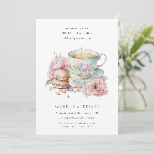 Macaroons QR Code-Brautparty für Tee-Cup Einladung (Stehend Vorderseite)