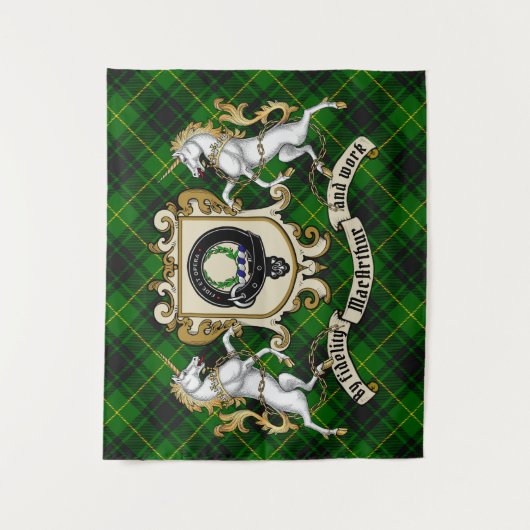 MacArthur Clan Abzeichen & Unicorns mit Tartan Wandteppich (Vorderseite)